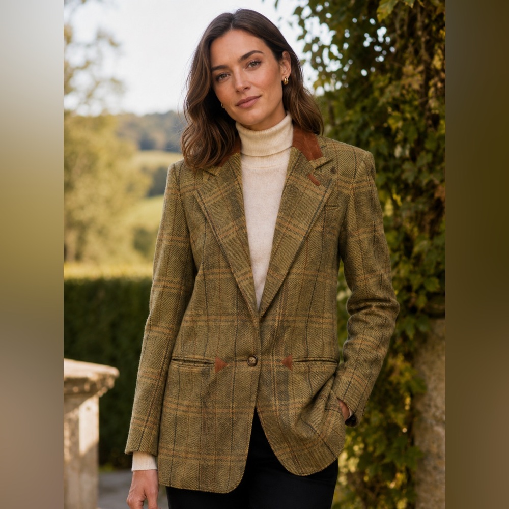 Vintage Plaid Wool Jacket Equestrian Tweed Green Tan